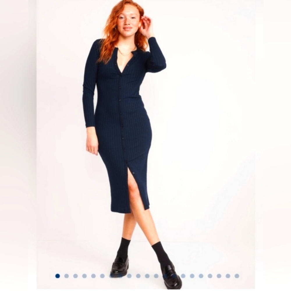 Old Navy Fitted Rib-Knit Midi Button-Front Dress for Women, Navy, size L